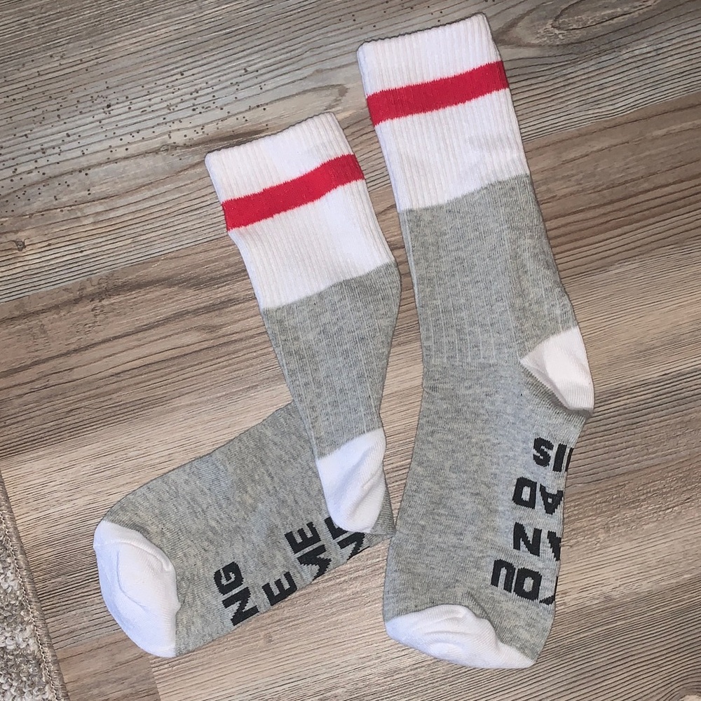 Gray and White Socks with Red Stripe